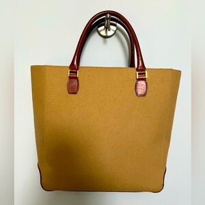 Kate Spade purse with tan wool body and caramel color leather handles + bottom